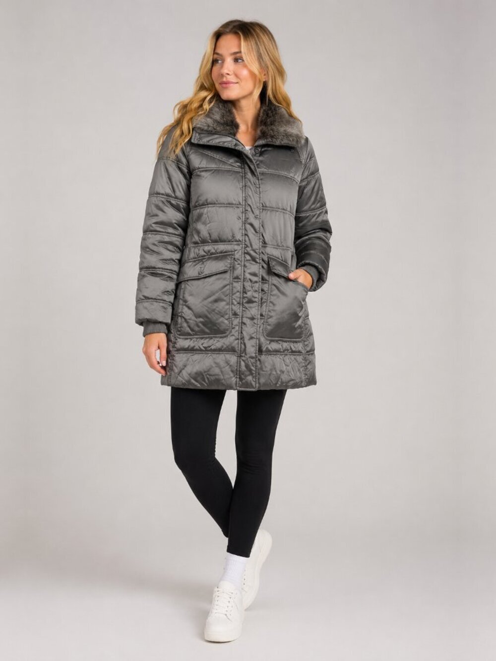 Lands' End Fur Trim Teddy Puffer Parka Jacket Gunmetal Black XL #A2328